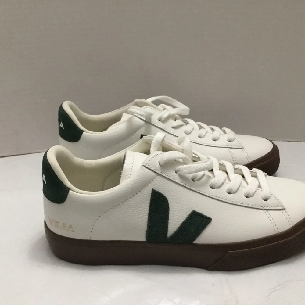 Veja White Sneakers with Green V Logo and Brown Sole